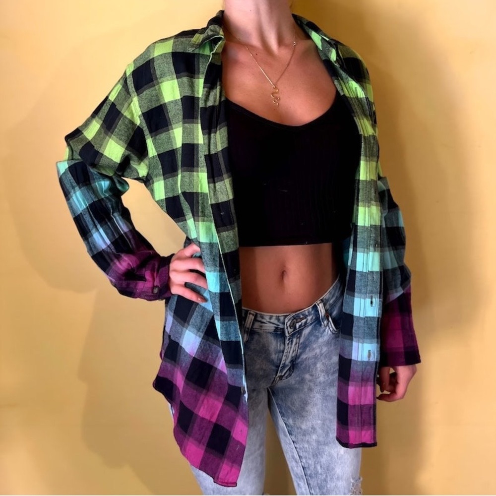 Oversized Tie Dye Plaid Flannel Shirt Dip Dye Gradient Green Blue Purple